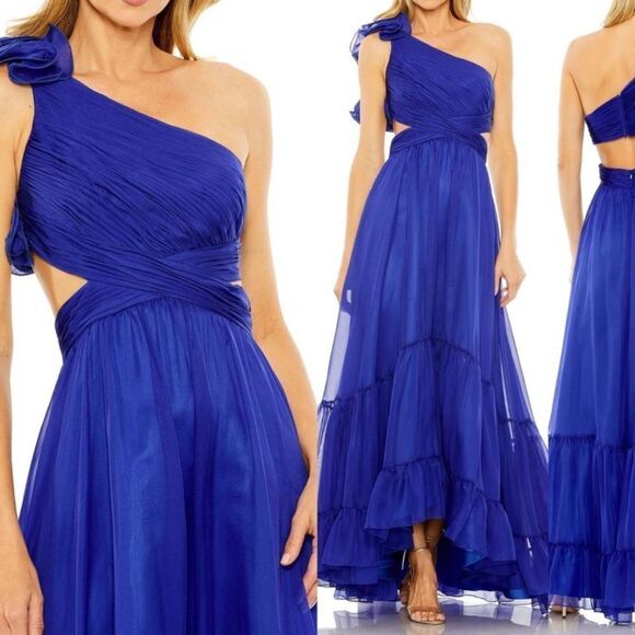 Mac Duggal 68639 RUFFLE TIERED CUT-OUT CHIFFON GOWN Blue Size 6 - Picture 1 of 14